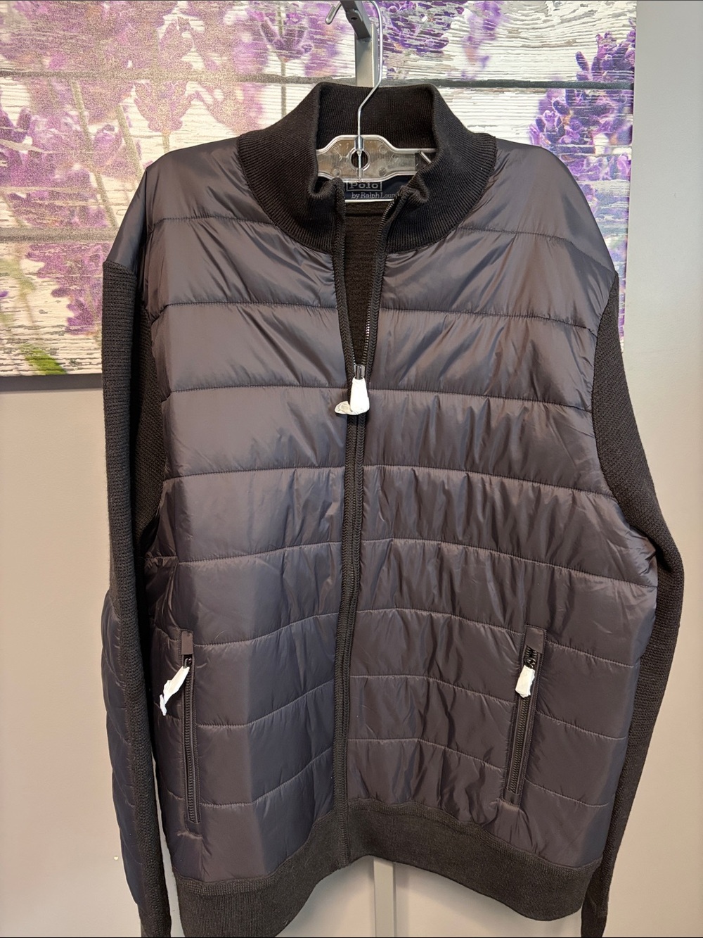 Polo by Ralph Lauren Black Quilted Front Knit-Sleeve Jacket Size XL NWT Lghtwgt
